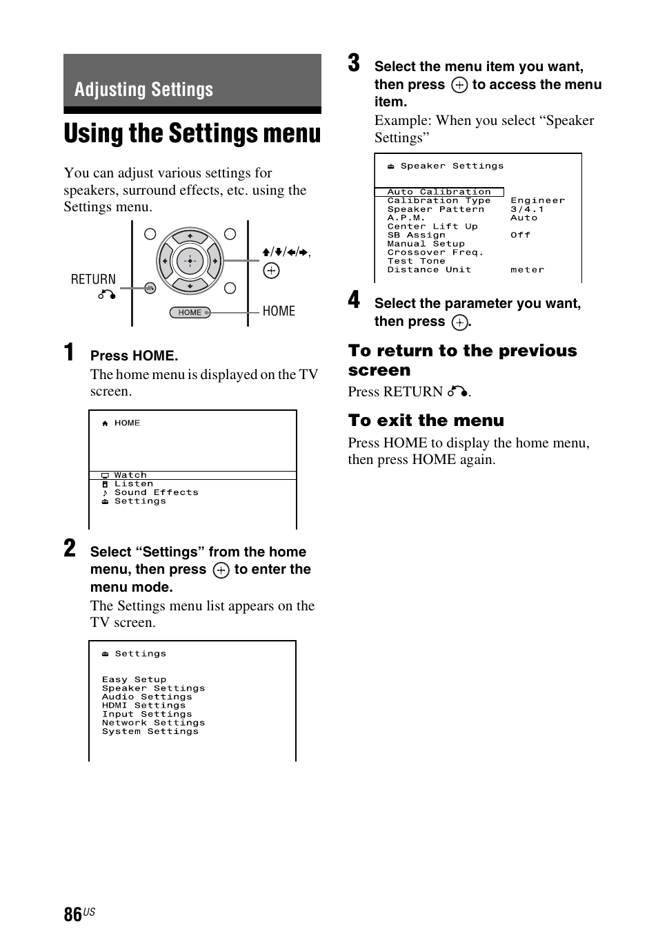 Adjusting settings, Using the settings menu | Sony STR-DN840 User Manual | Page 86 / 128