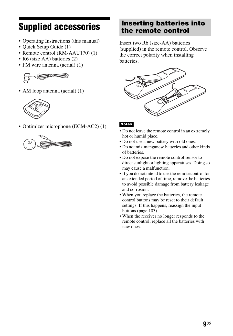 Supplied accessories, Inserting batteries into the remote control | Sony STR-DN840 User Manual | Page 9 / 128