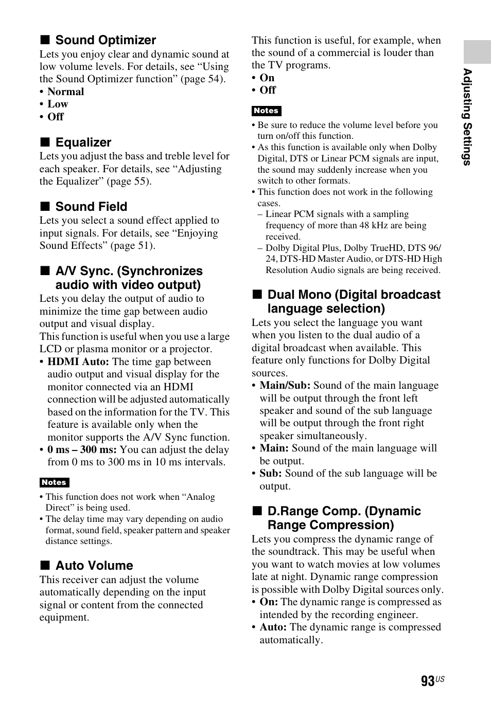 X sound optimizer, X equalizer, X sound field | X a/v sync. (synchronizes audio with video output), X auto volume, X dual mono (digital broadcast language selection), X d.range comp. (dynamic range compression) | Sony STR-DN840 User Manual | Page 93 / 128