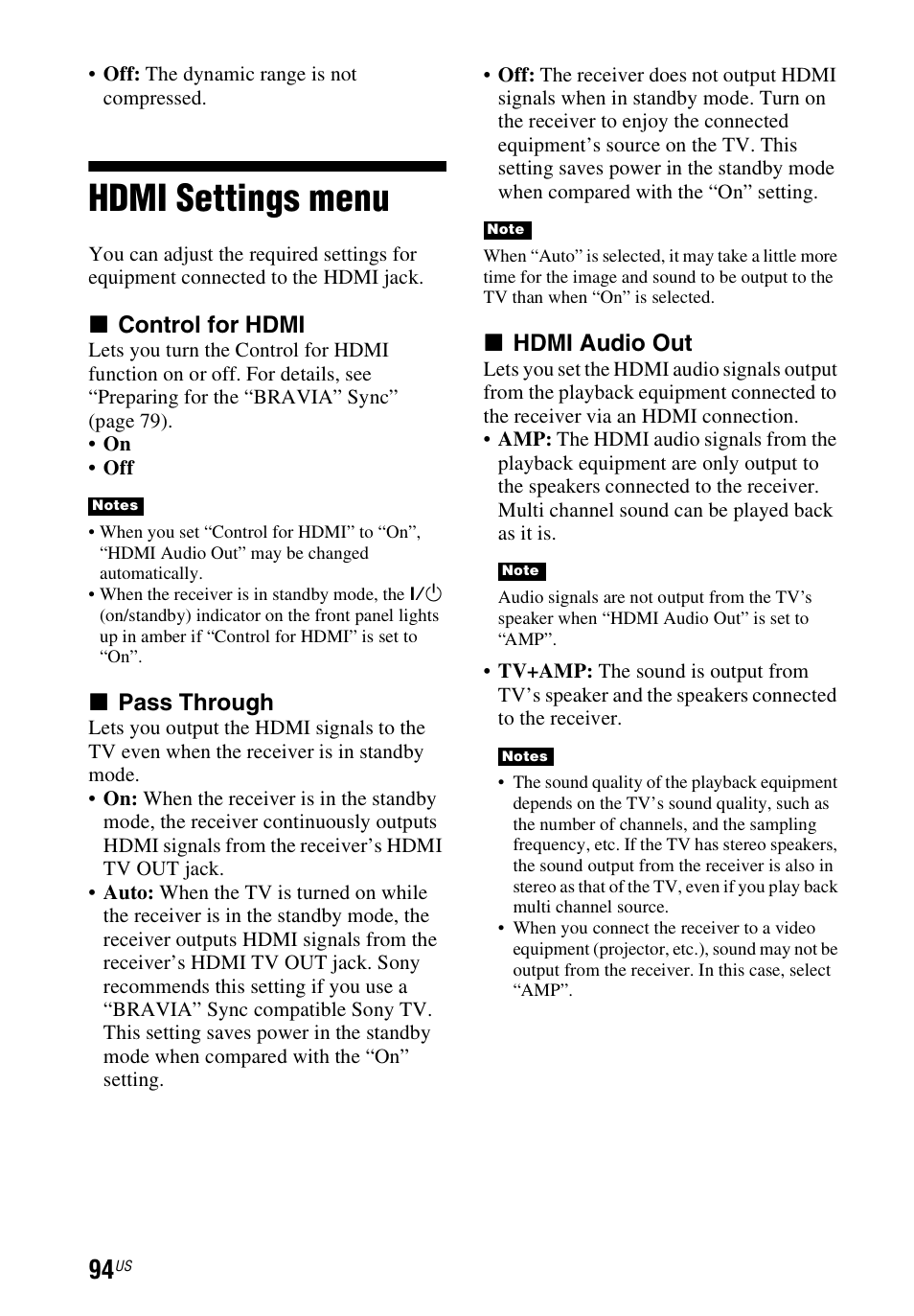 Hdmi settings menu, X control for hdmi, X pass through | X hdmi audio out | Sony STR-DN840 User Manual | Page 94 / 128