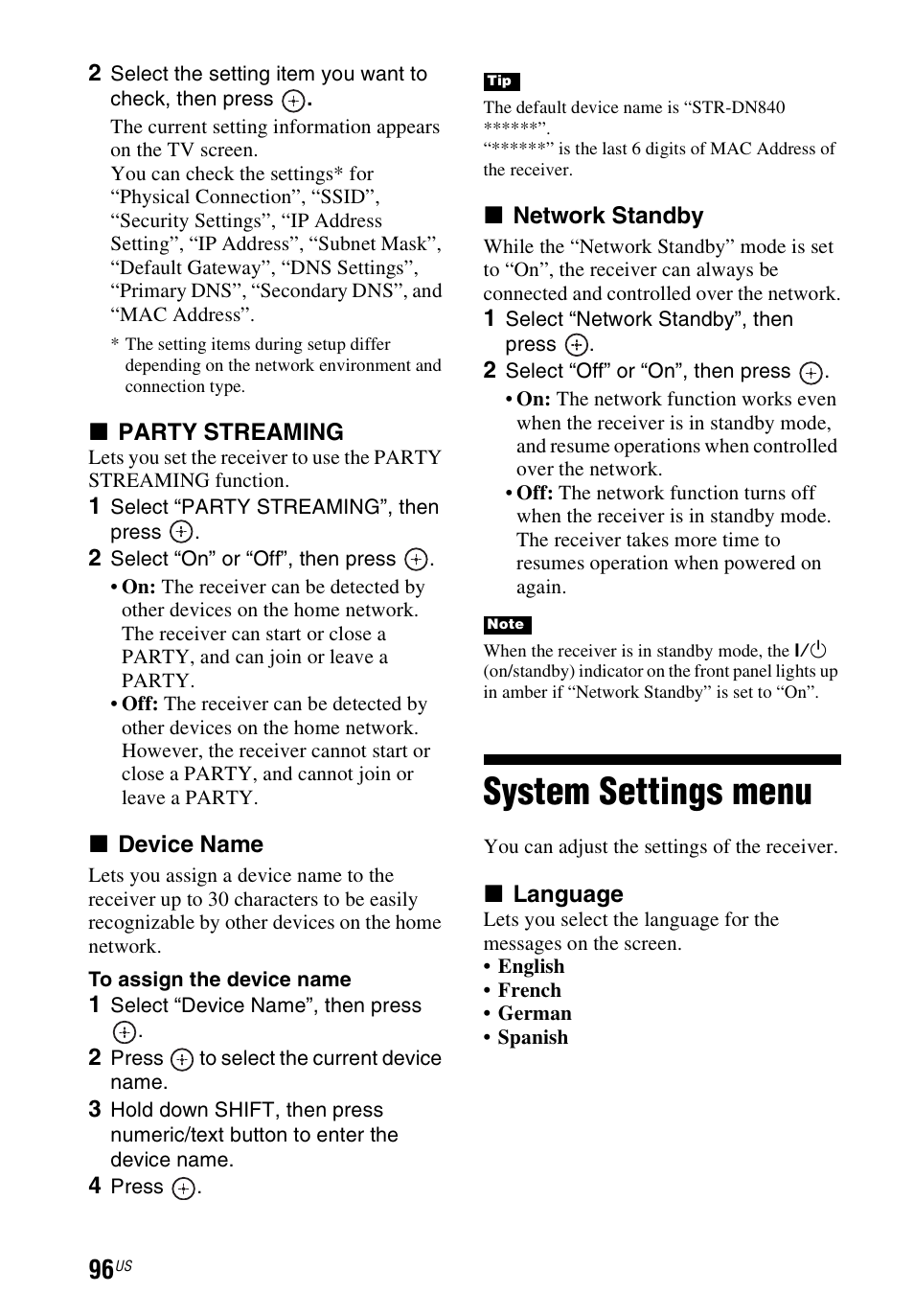 System settings menu | Sony STR-DN840 User Manual | Page 96 / 128