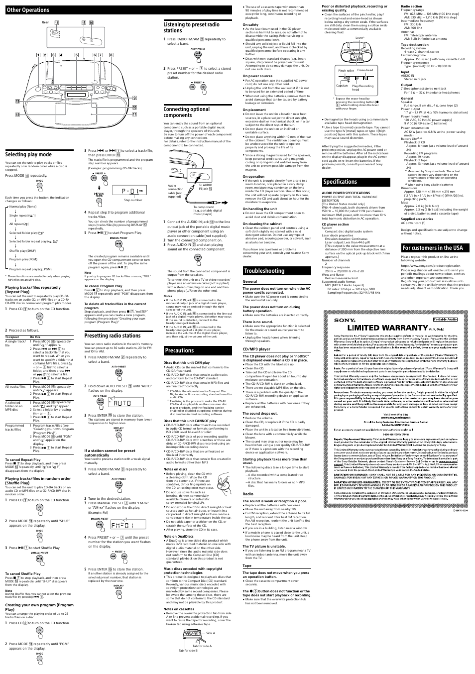 Other operations, Precautions, Specifications | Troubleshooting, For customers in the usa, Selecting play mode, Presetting radio stations, Listening to preset radio stations, Connecting optional components | Sony CFD-S50 User Manual | Page 2 / 2