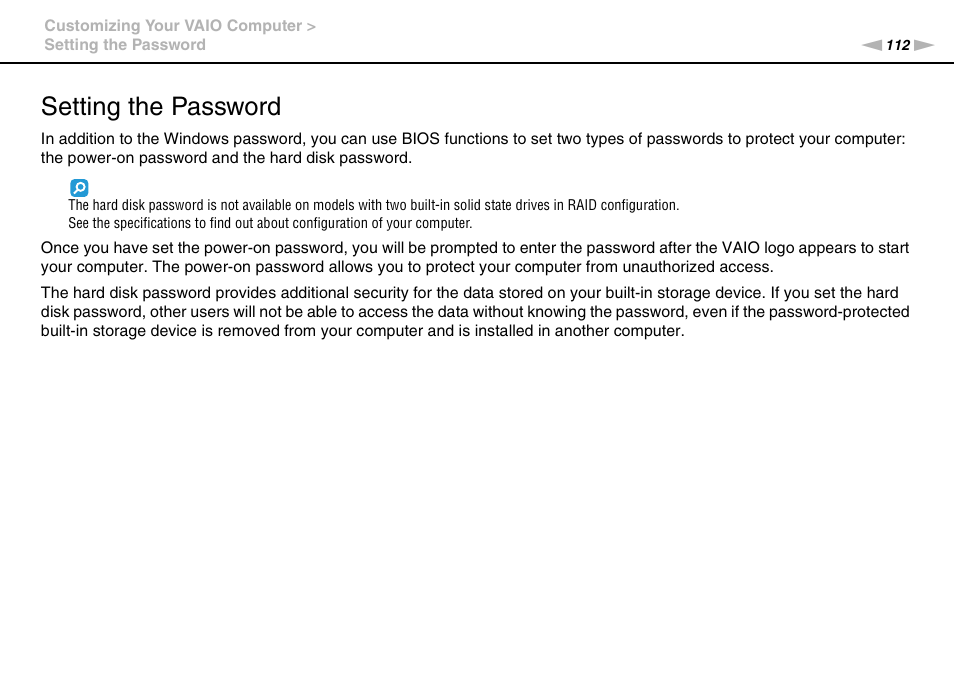 Setting the password | Sony VGNZ890H User Manual | Page 112 / 202