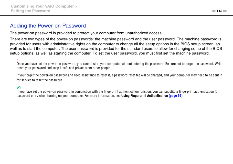 Adding the power-on password | Sony VGNZ890H User Manual | Page 113 / 202