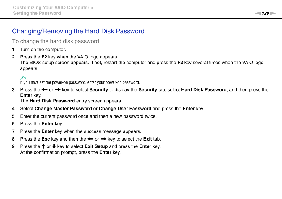 Changing/removing the hard disk password | Sony VGNZ890H User Manual | Page 120 / 202