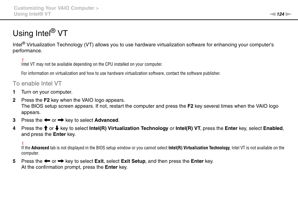 Using intel® vt, Using intel | Sony VGNZ890H User Manual | Page 124 / 202