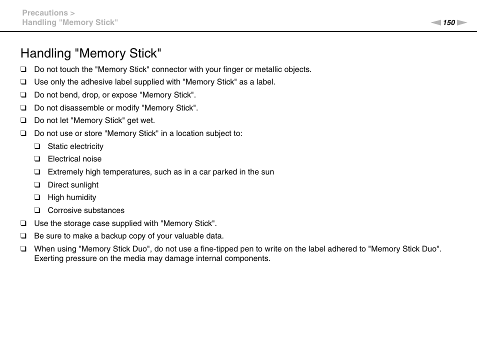 Handling "memory stick | Sony VGNZ890H User Manual | Page 150 / 202