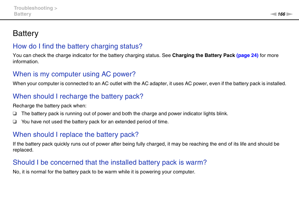 Battery, How do i find the battery charging status, When is my computer using ac power | When should i recharge the battery pack, When should i replace the battery pack | Sony VGNZ890H User Manual | Page 166 / 202