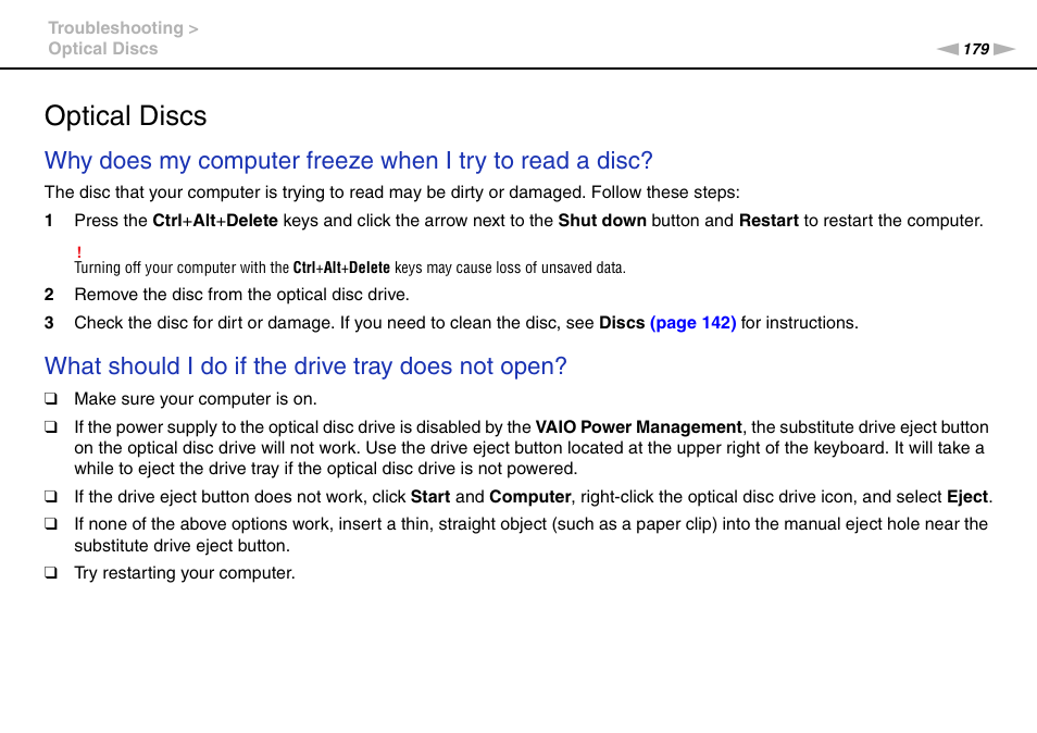 Optical discs, What should i do if the drive tray does not open | Sony VGNZ890H User Manual | Page 179 / 202