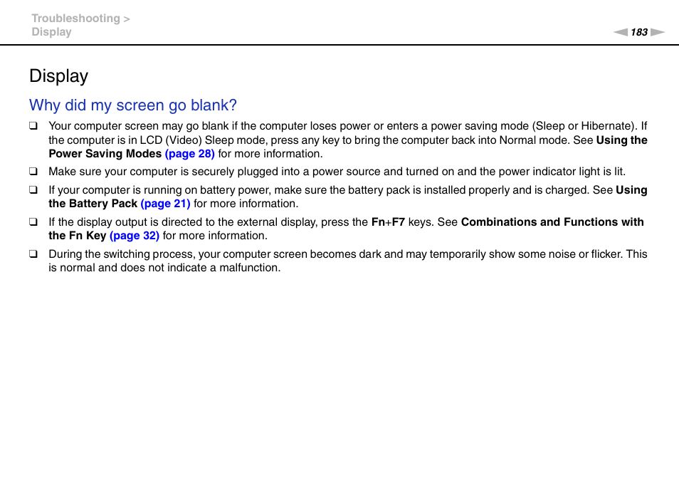 Display, Why did my screen go blank | Sony VGNZ890H User Manual | Page 183 / 202