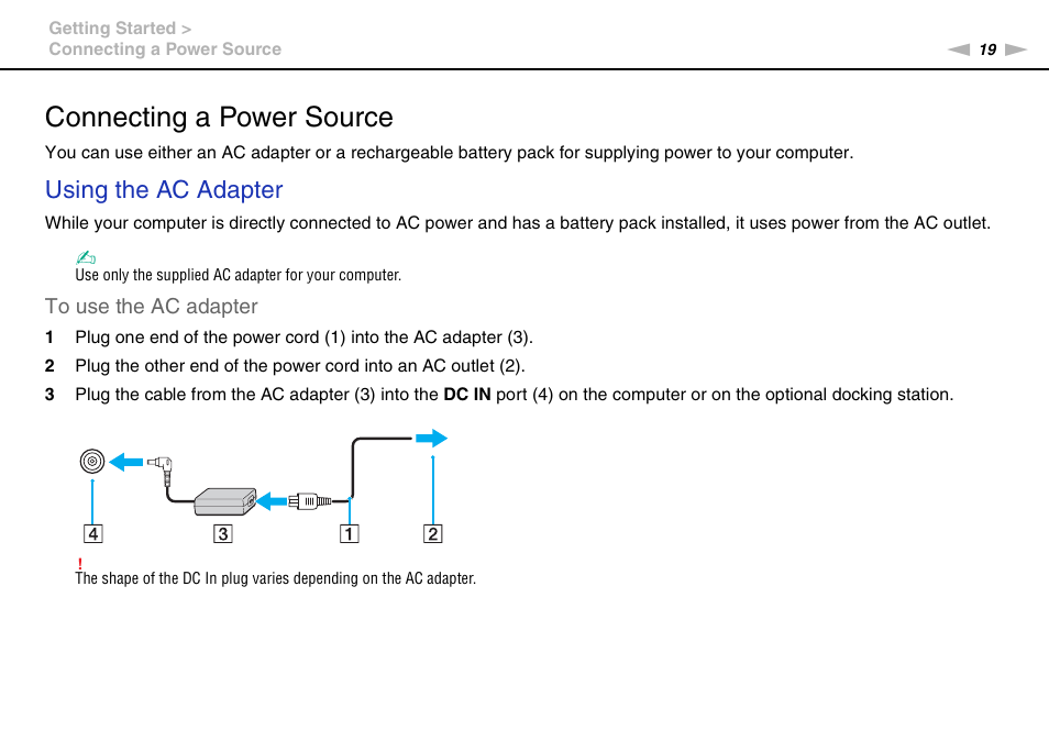 Connecting a power source, Using the ac adapter | Sony VGNZ890H User Manual | Page 19 / 202