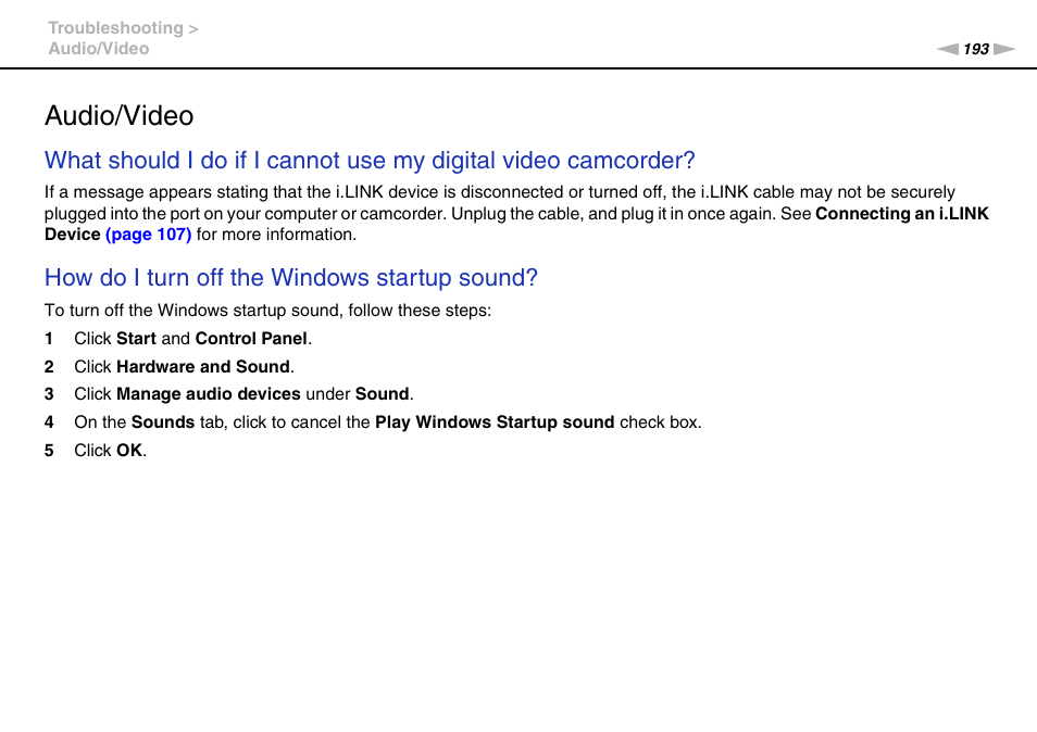 Audio/video, How do i turn off the windows startup sound | Sony VGNZ890H User Manual | Page 193 / 202