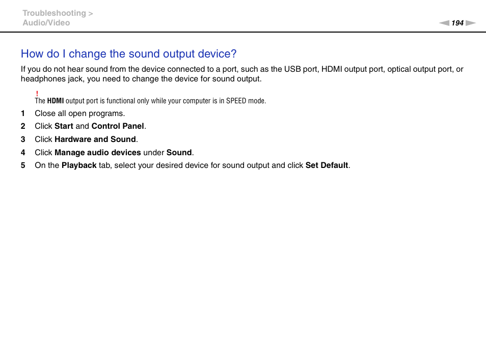 How do i change the sound output device | Sony VGNZ890H User Manual | Page 194 / 202