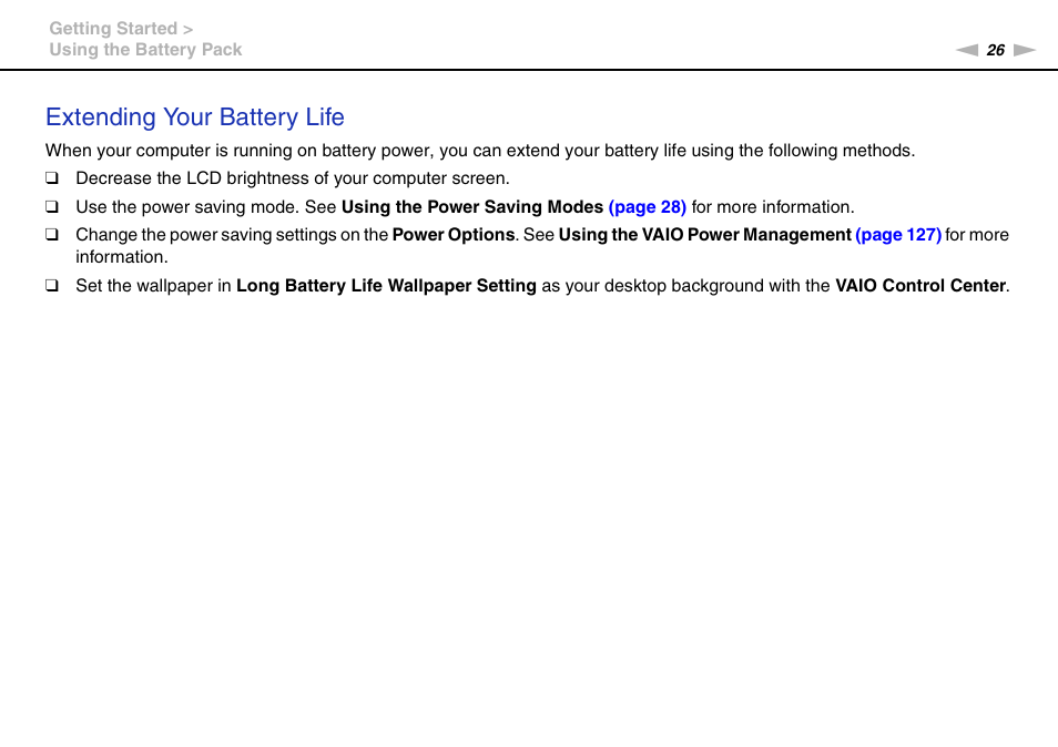 Extending your battery life | Sony VGNZ890H User Manual | Page 26 / 202