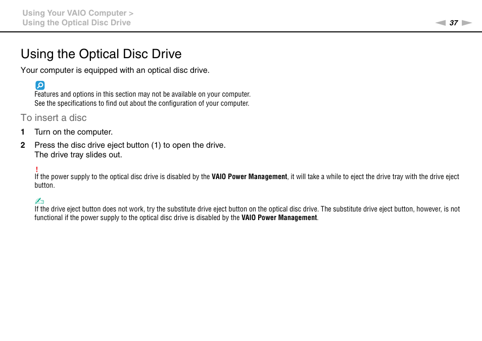 Using the optical disc drive | Sony VGNZ890H User Manual | Page 37 / 202