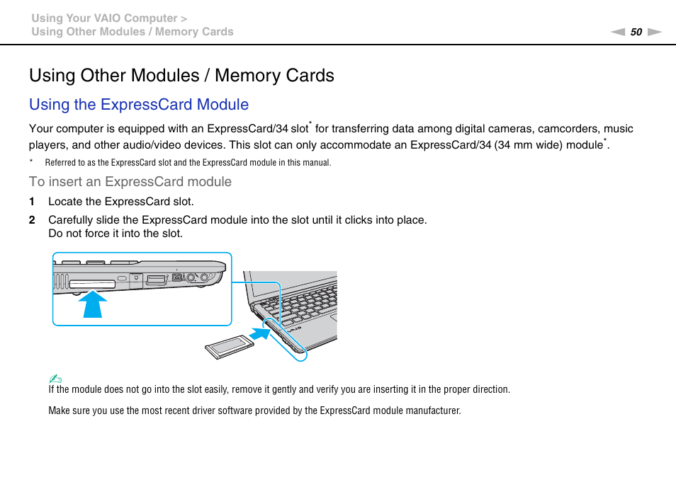 Using other modules / memory cards, Using the expresscard module | Sony VGNZ890H User Manual | Page 50 / 202