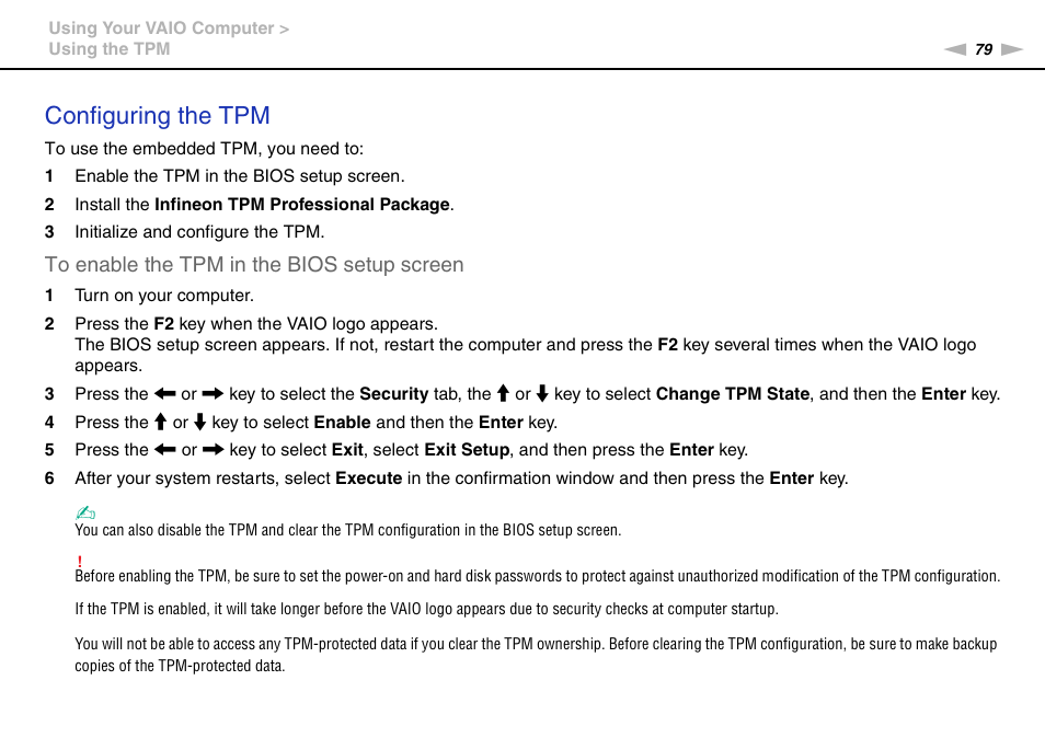 Configuring the tpm | Sony VGNZ890H User Manual | Page 79 / 202