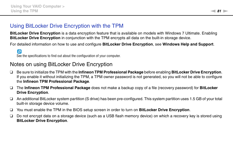 Using bitlocker drive encryption with the tpm | Sony VGNZ890H User Manual | Page 81 / 202