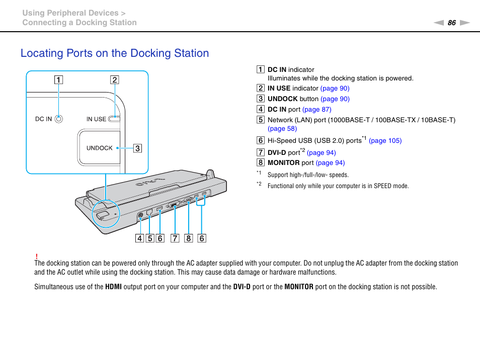 Locating ports on the docking station | Sony VGNZ890H User Manual | Page 86 / 202