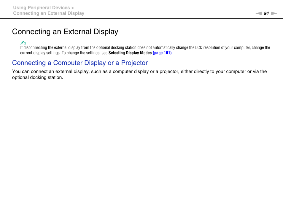 Connecting an external display, Connecting a computer display or a projector | Sony VGNZ890H User Manual | Page 94 / 202