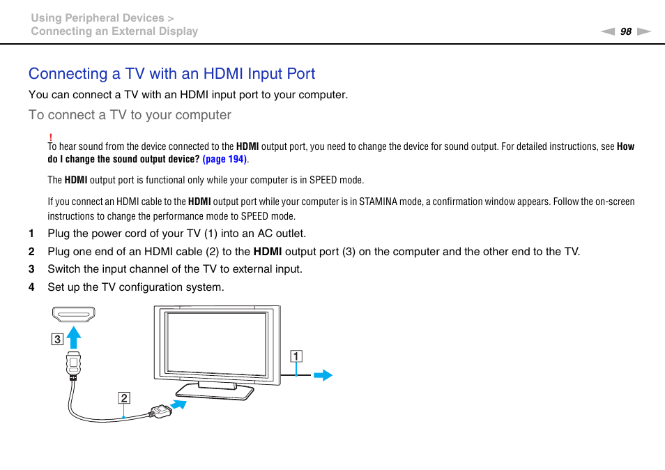 Connecting a tv with an hdmi input port | Sony VGNZ890H User Manual | Page 98 / 202