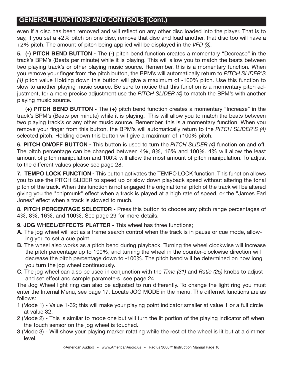 General functions and controls (cont.) | American Audio Radius 3000 User Manual | Page 10 / 44