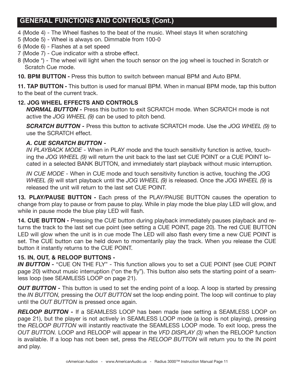 General functions and controls (cont.) | American Audio Radius 3000 User Manual | Page 11 / 44