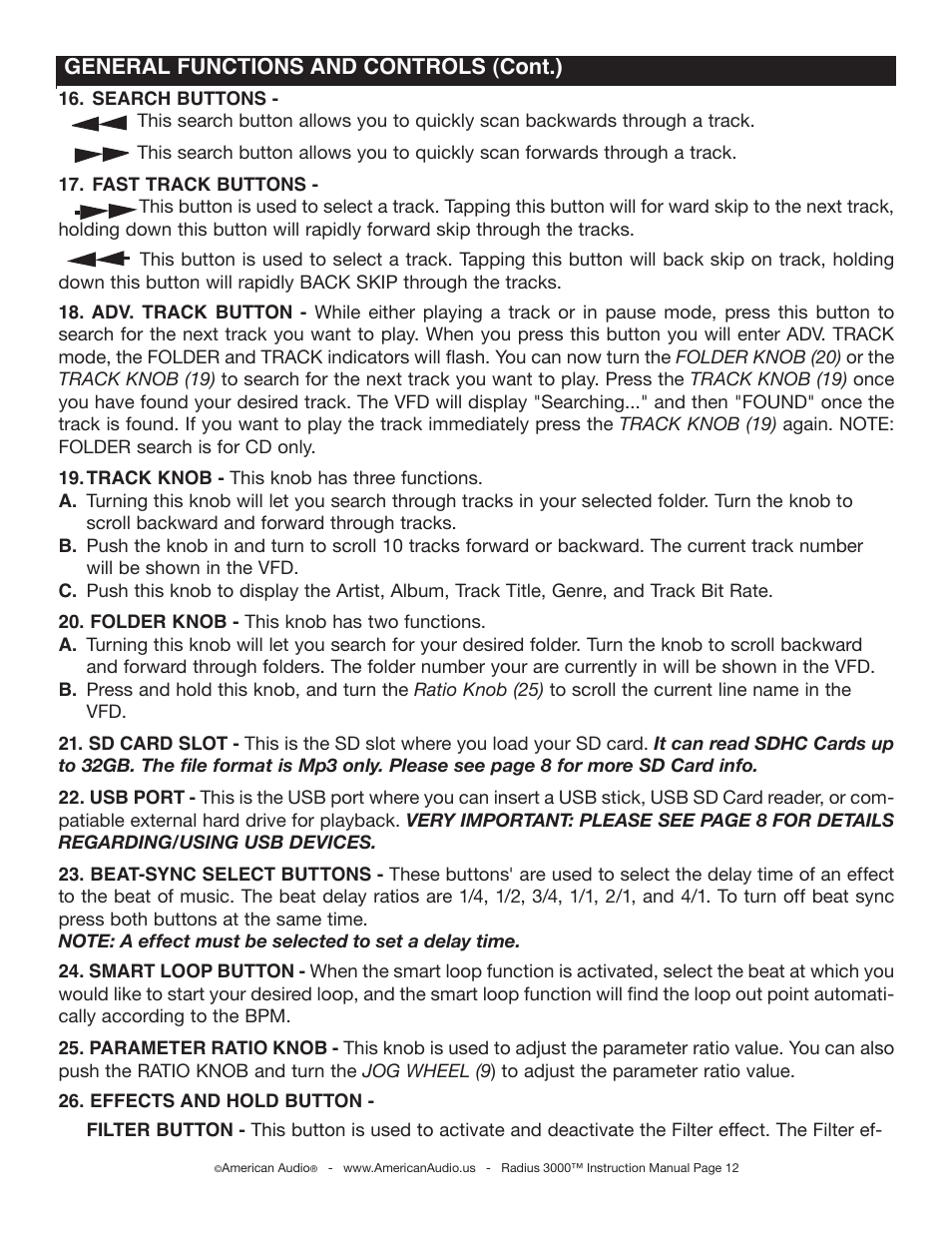 General functions and controls (cont.) | American Audio Radius 3000 User Manual | Page 12 / 44