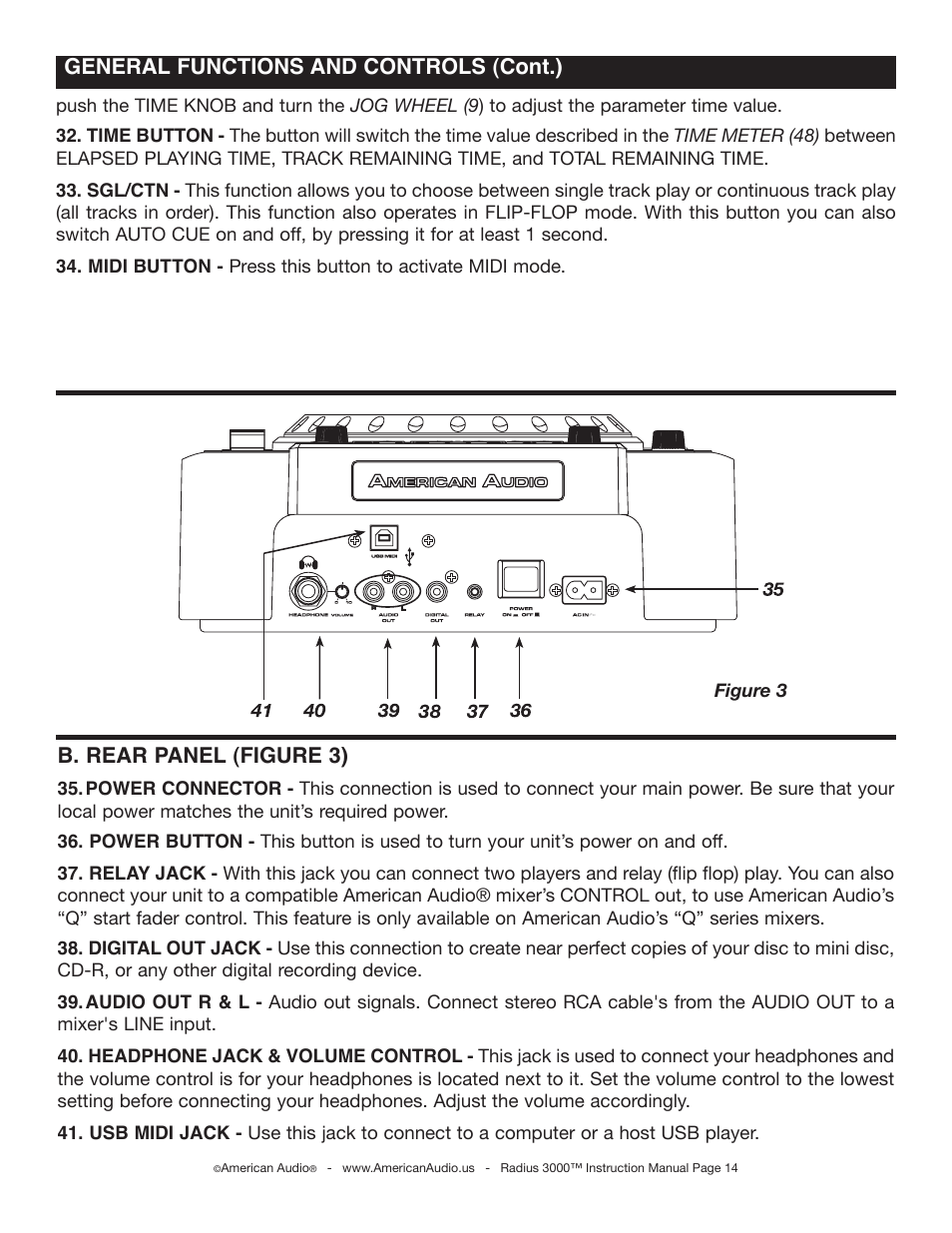 General functions and controls (cont.), B. rear panel (figure 3) | American Audio Radius 3000 User Manual | Page 14 / 44