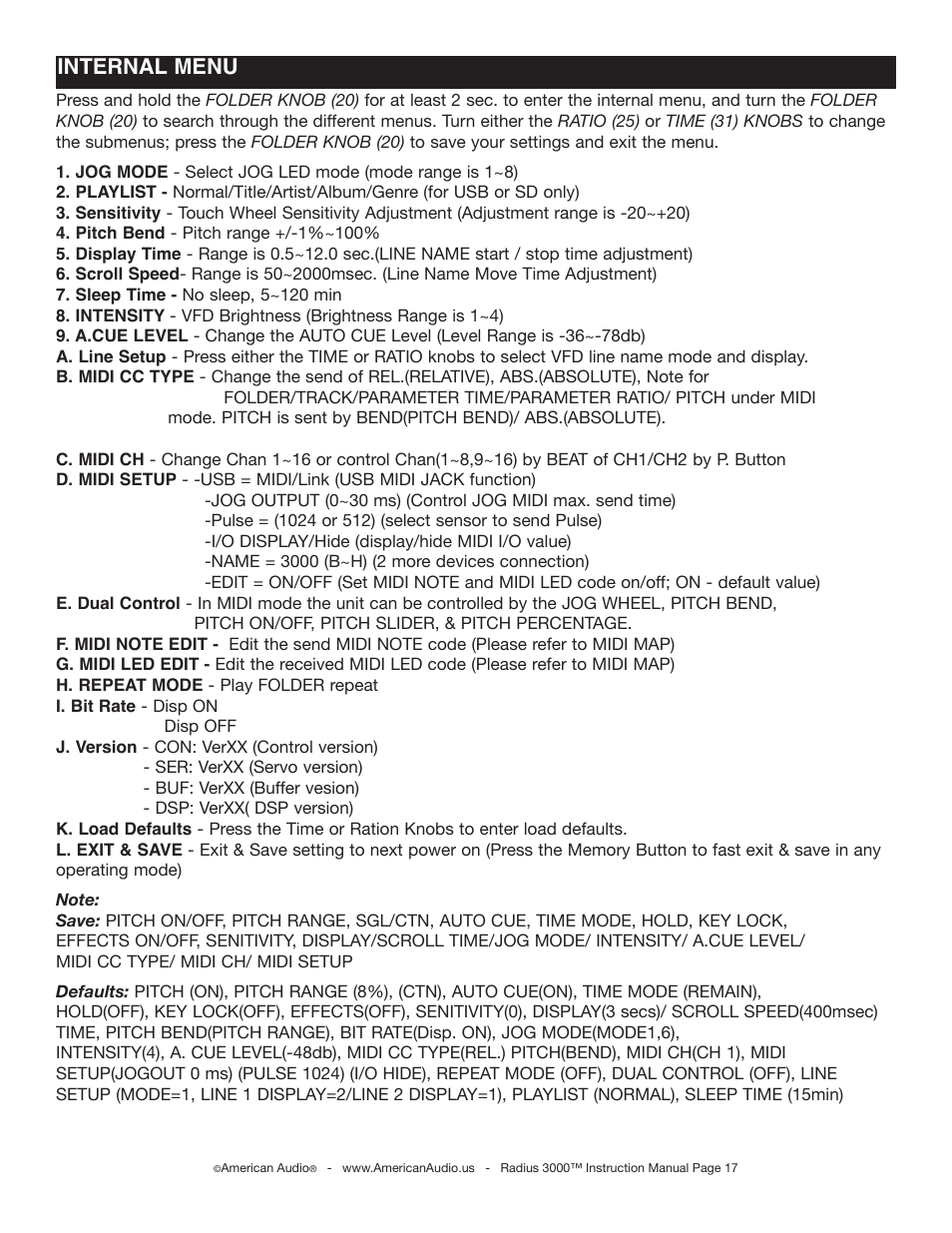 Internal menu | American Audio Radius 3000 User Manual | Page 17 / 44