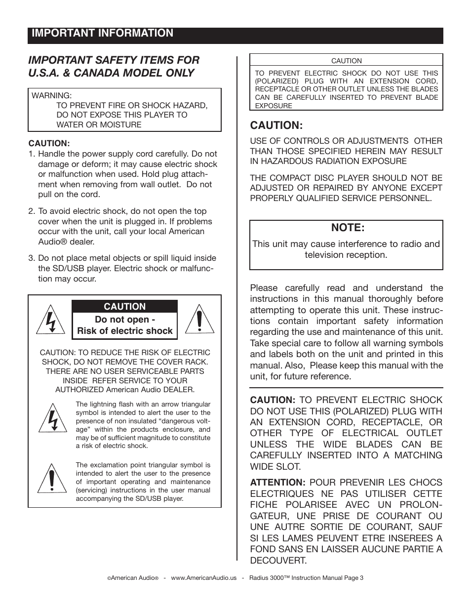 Caution, Important information | American Audio Radius 3000 User Manual | Page 3 / 44