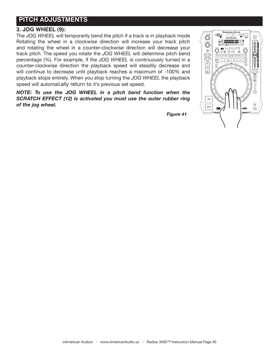 Pitch adjustments, Jog wheel (9), Ally return to | American Audio Radius 3000 User Manual | Page 30 / 44