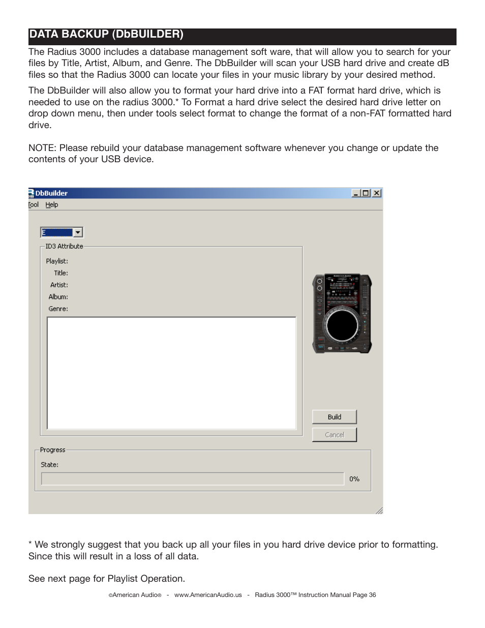 Data backup (dbbuilder) | American Audio Radius 3000 User Manual | Page 36 / 44