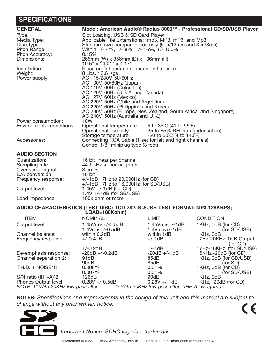 Specifications | American Audio Radius 3000 User Manual | Page 43 / 44