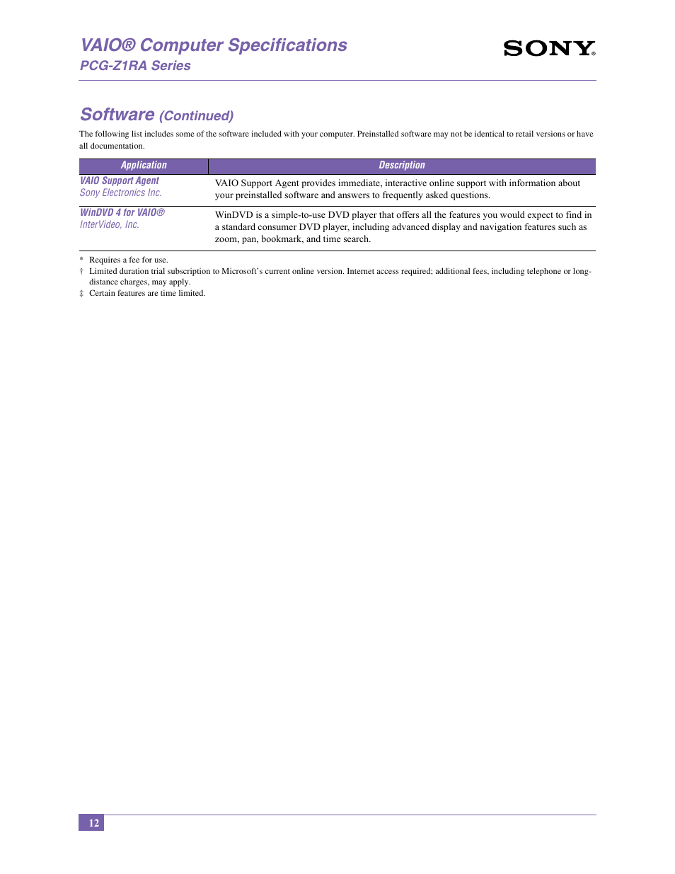 Vaio® computer specifications, Software | Sony PCG-Z1RA User Manual | Page 12 / 13