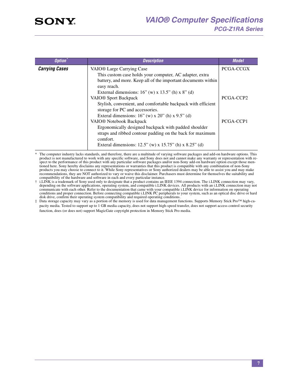 Vaio® computer specifications, Pcg-z1ra series | Sony PCG-Z1RA User Manual | Page 7 / 13