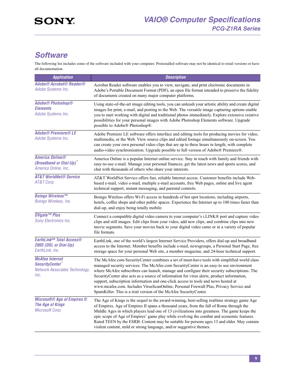 Vaio® computer specifications, Software, Pcg-z1ra series | Sony PCG-Z1RA User Manual | Page 9 / 13