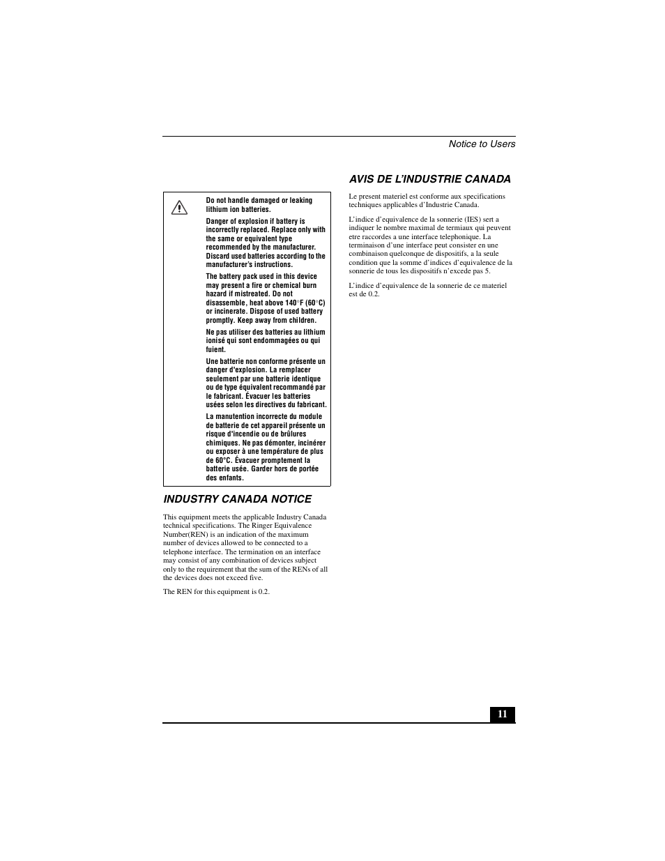 11 industry canada notice, Avis de l’industrie canada | Sony PCG-Z1VA User Manual | Page 11 / 40