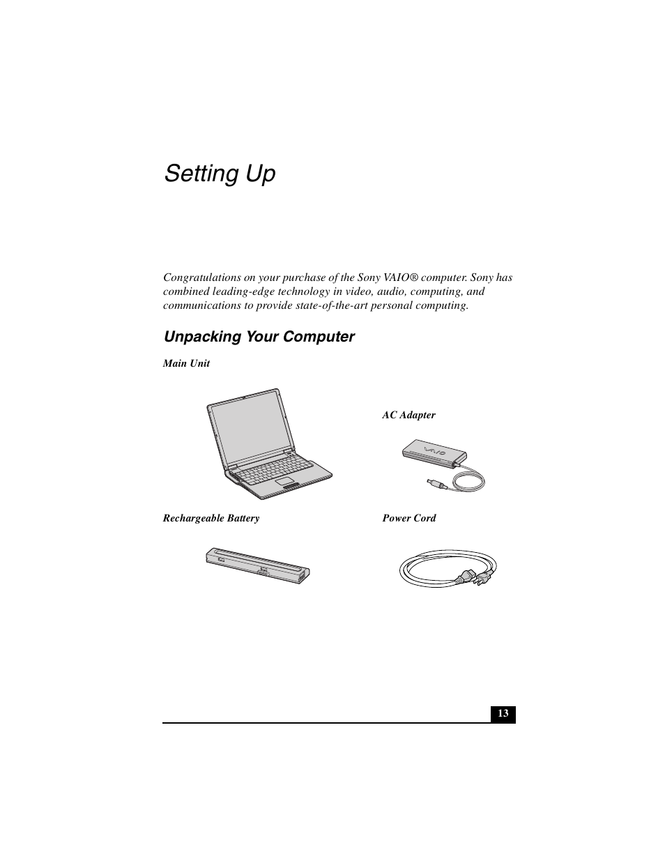 Setting up, Unpacking your computer | Sony PCG-Z1VA User Manual | Page 13 / 40