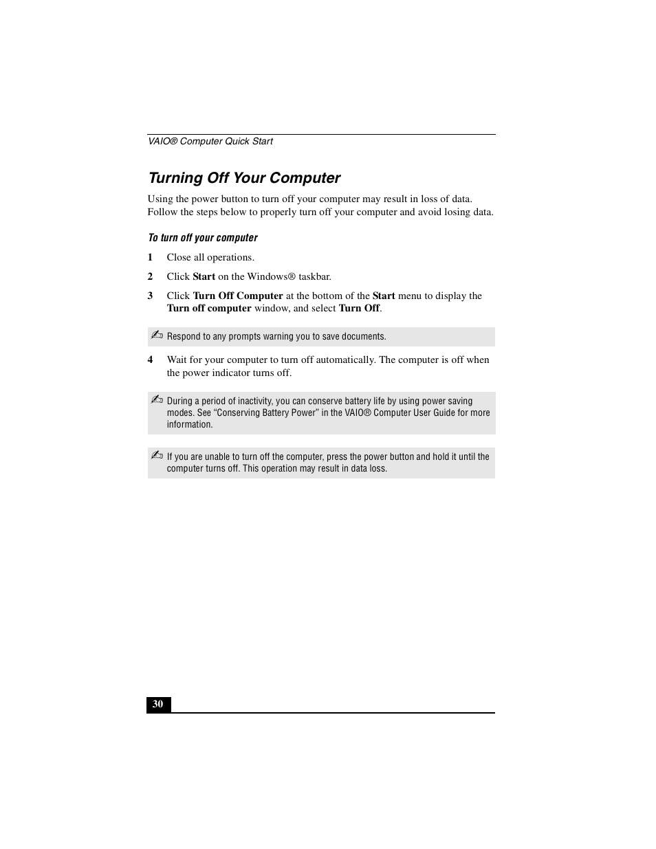 Turning off your computer | Sony PCG-Z1VA User Manual | Page 30 / 40