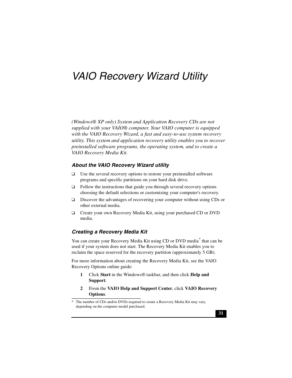 Vaio recovery wizard utility | Sony PCG-Z1VA User Manual | Page 31 / 40
