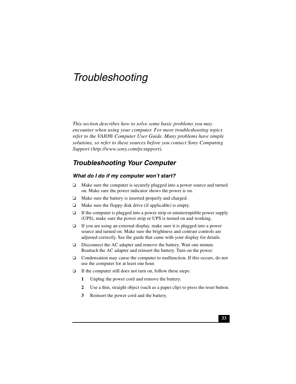 Troubleshooting, Troubleshooting your computer | Sony PCG-Z1VA User Manual | Page 33 / 40