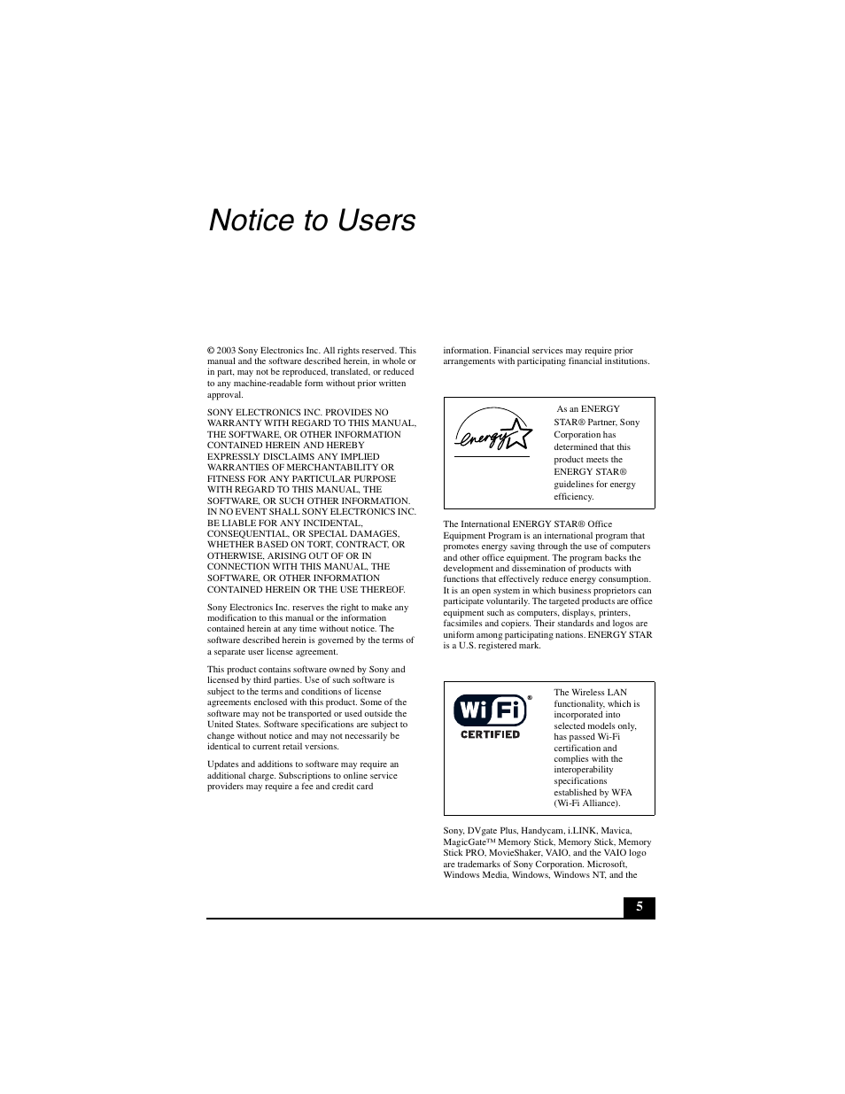Notice to users | Sony PCG-Z1VA User Manual | Page 5 / 40
