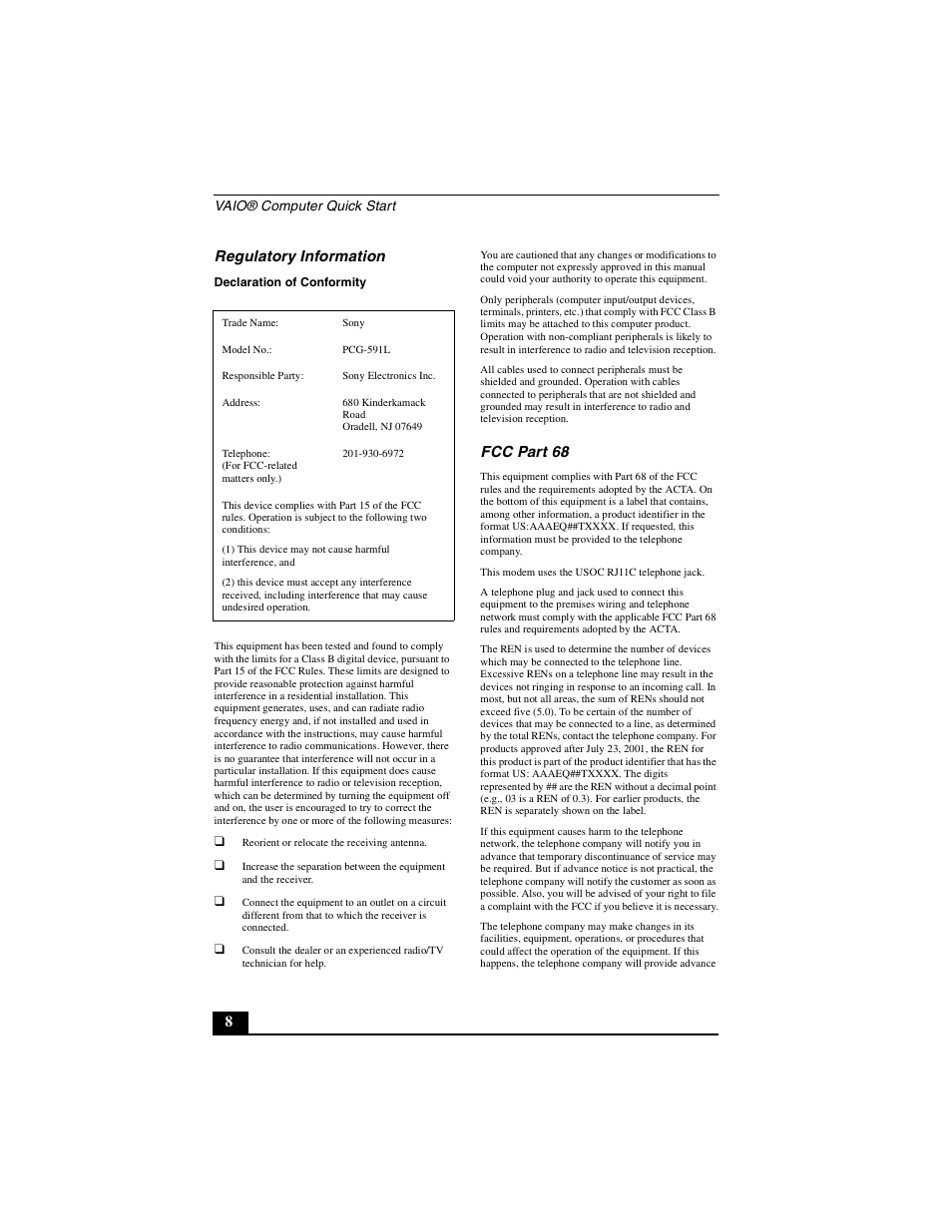 8regulatory information, Fcc part 68 | Sony PCG-Z1VA User Manual | Page 8 / 40
