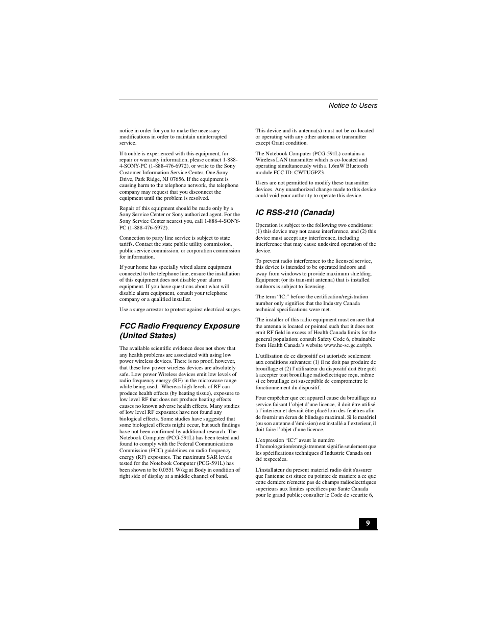 Fcc radio frequency exposure (united states), Ic rss-210 (canada) | Sony PCG-Z1VA User Manual | Page 9 / 40