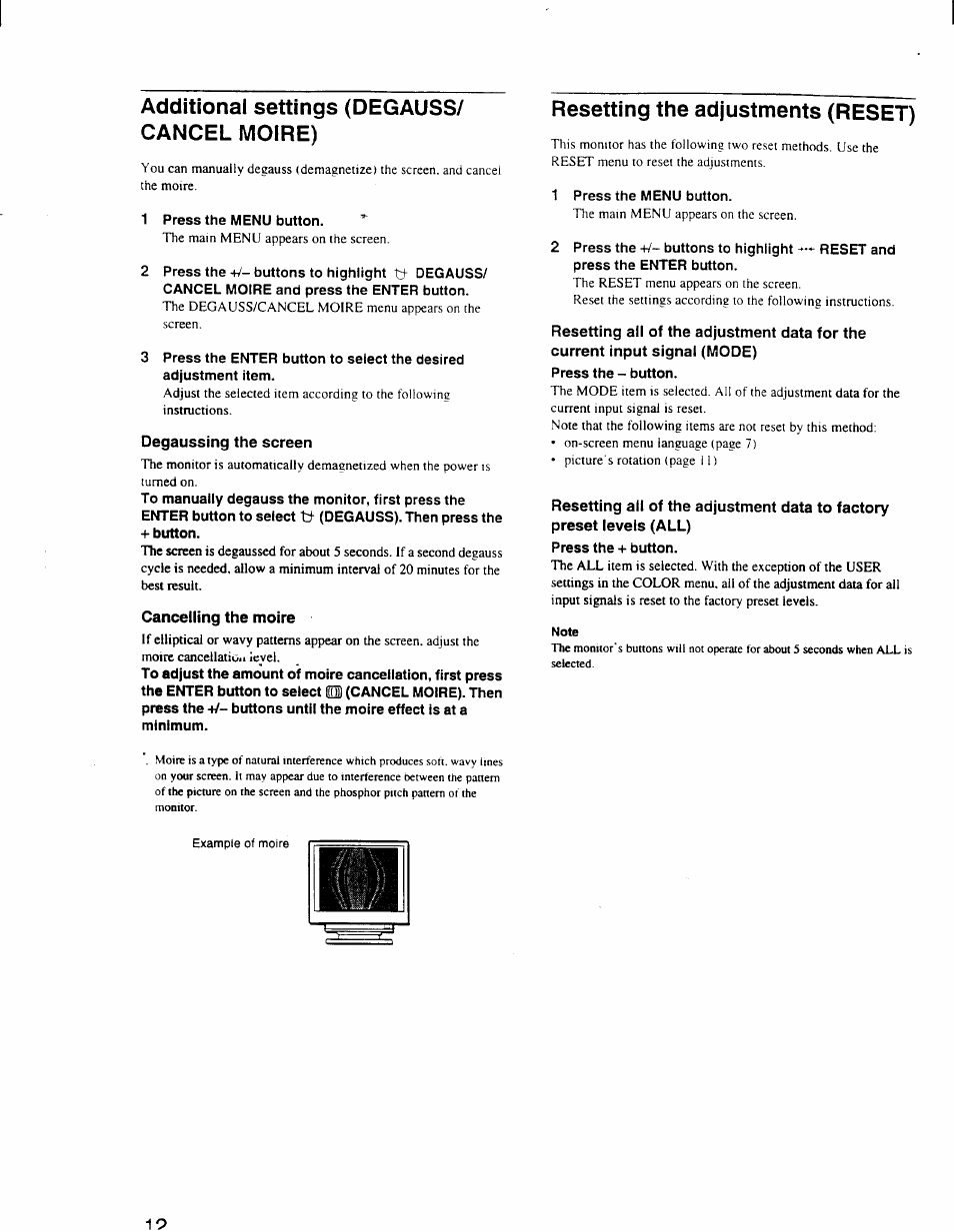 Additional settings (degauss/ cancel moire), Degaussing the screen, Resetting the adjustments (reset) | Additional settings (degauss/cancel moire) | Sony CPD-110GS User Manual | Page 12 / 18