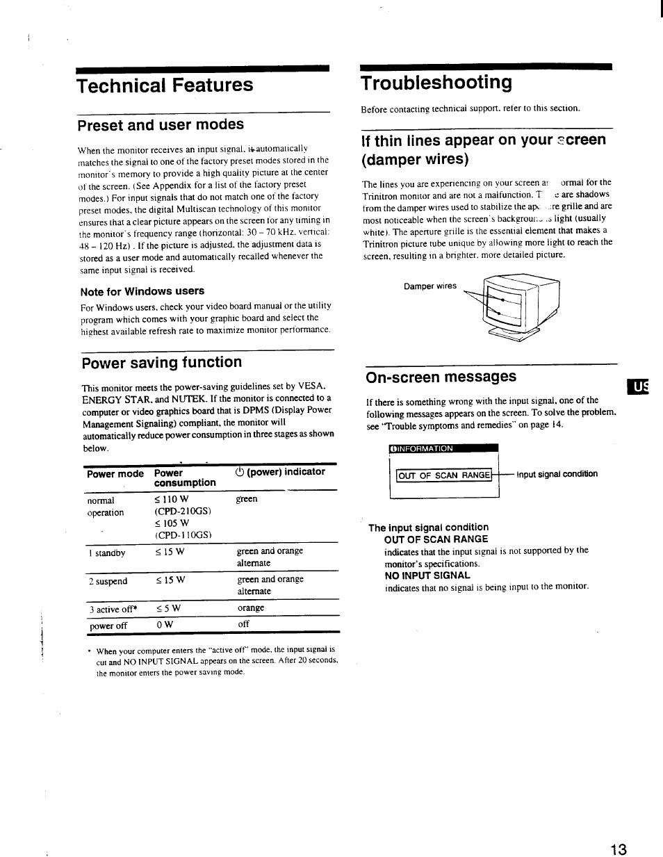 Technical features, Preset and user modes, Note for windows users | Power saving function, Troubleshooting, If thin lines appear on your screen (damper wires), On-screen messages, The input signal condition out of scan range, No input signal | Sony CPD-110GS User Manual | Page 14 / 18