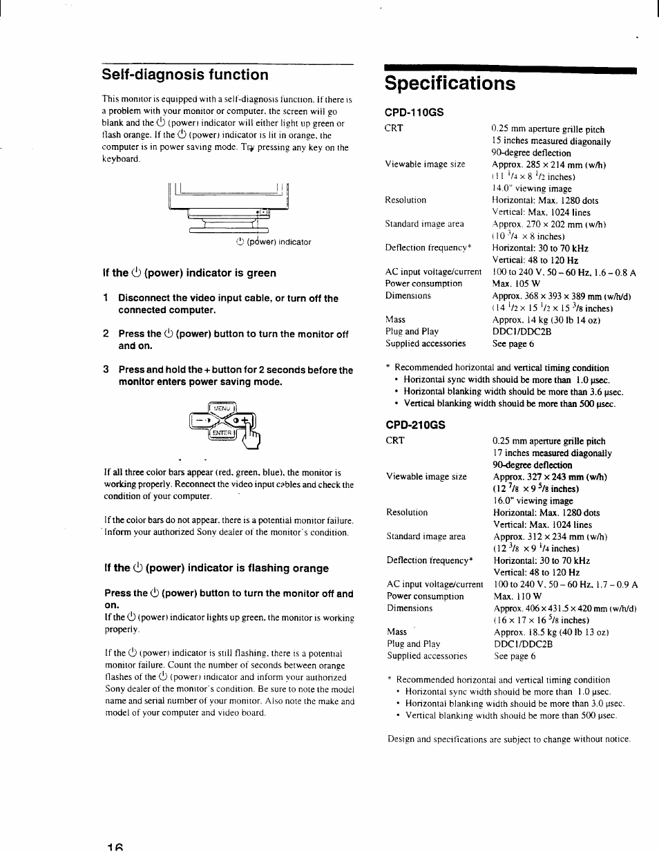 Seif-diagnosis function, If the (power) indicator is green, If the c!) (power) indicator is flashing orange | Specifications, Cpd-110gs, Self-diagnosis function | Sony CPD-110GS User Manual | Page 15 / 18