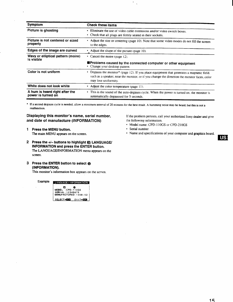 1 press the menu button, 3 press the enter button to select o (information) | Sony CPD-110GS User Manual | Page 16 / 18