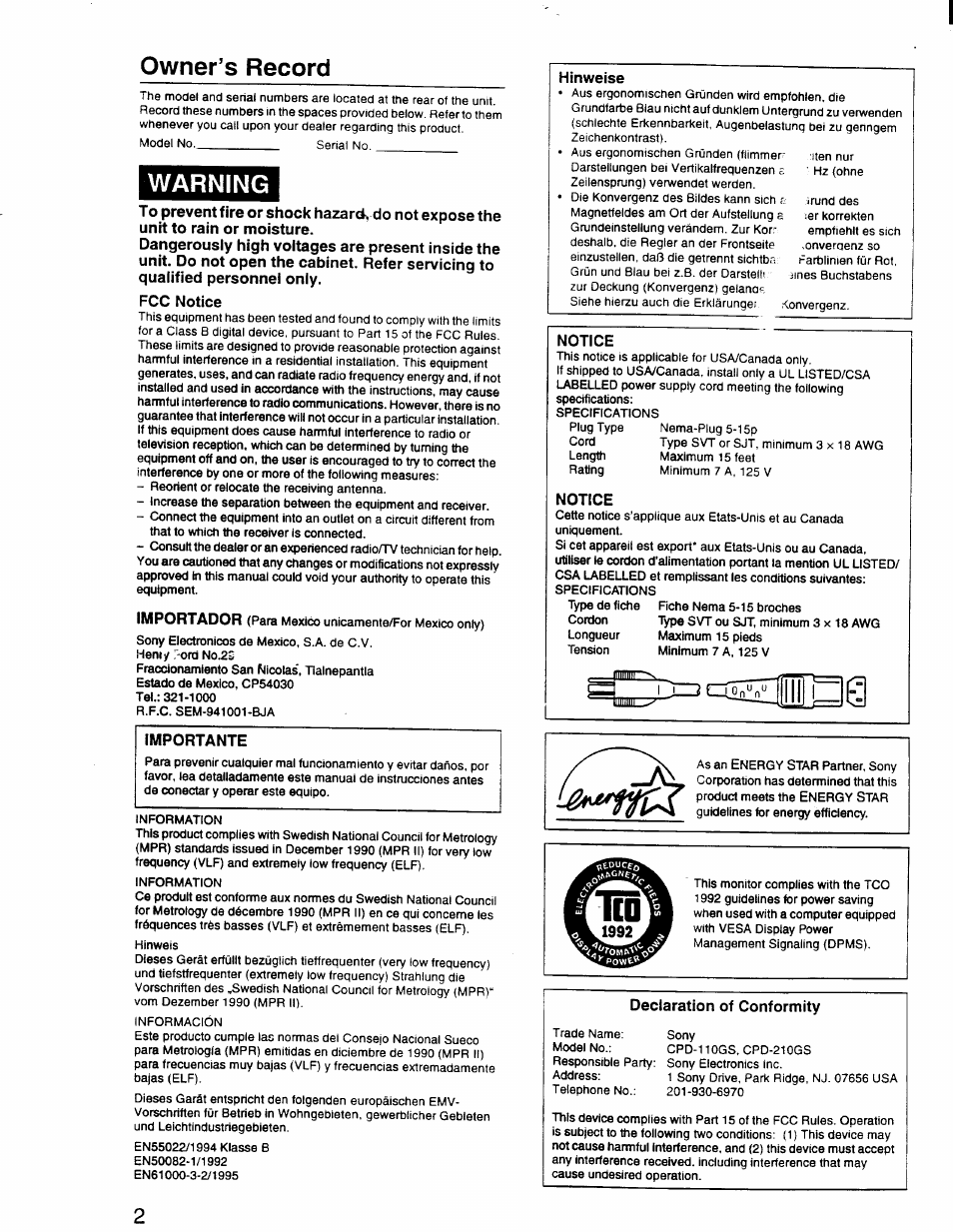 Fcc notice, Importante, Hinweise | Notice, Owner’s record, Warning | Sony CPD-110GS User Manual | Page 2 / 18